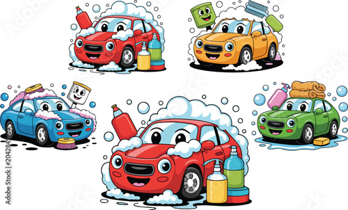 Happy man washing personal vehicle collection with foam brush spray bottle and clean car care detailing workflow graphic design clip art