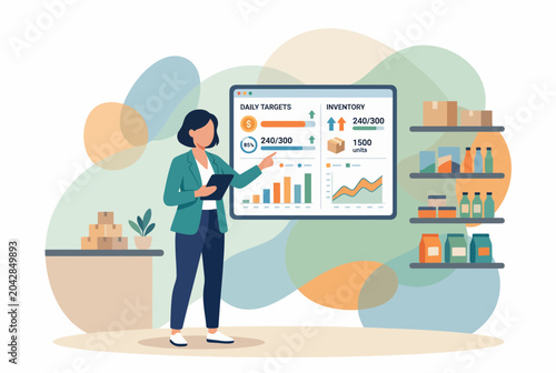 Business Woman Monitoring Inventory and Sales Statistics Dashboard
