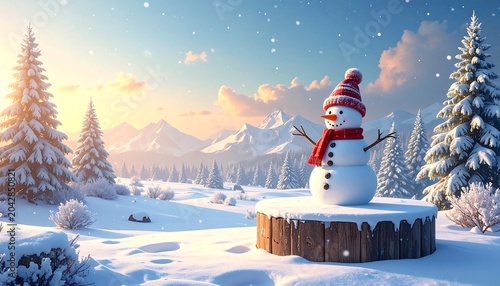 A charming, snow-covered scene features a snowman adorned in winter attire, standing on a wooden platform amid snow-laden pine trees and snow-capped mountains