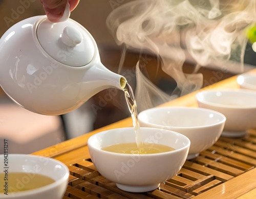 A serene tea pouring scene on a wooden table with steam rising