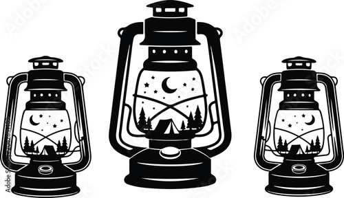 Foto Retro kerosene lamp silhouette bundle with outdoor forest camp scene design elem