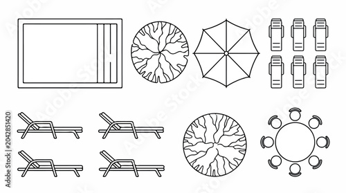 Minimalist landscape architecture symbols, swimming pool and patio furniture top view icons, outdoor garden design vector set for site plans