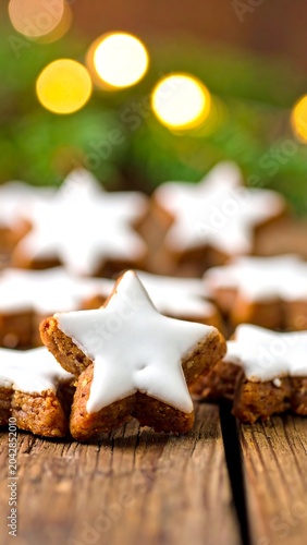 Star shaped cookies on rustic wooden surface with blurry background lights