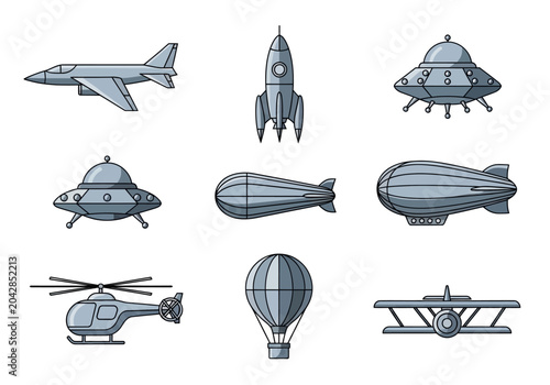 Bild auf Leinwand Collection of Air Transport Icons: Jet, Rocket, UFO, Blimp, Helicopter, Balloon,
