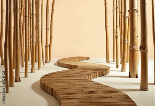 Curved Wooden Pathway Among Tall Bamboo Stalks.