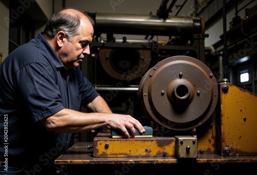 Man operating industrial machinery in workshop setting.