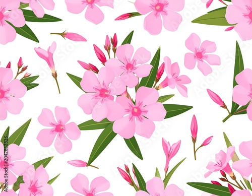A flat-lay illustration featuring pink flowers and green leaves scattered on a white background, creating a seamless pattern