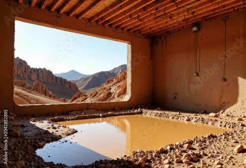 Rustic Interior with Mountain View and Pool Reflection.