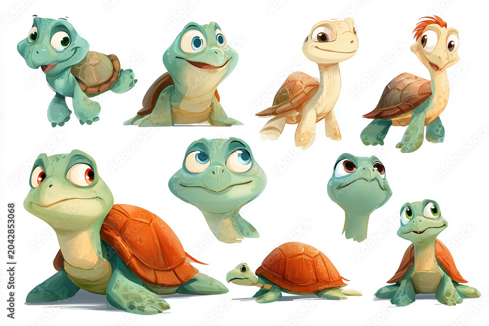 Fototapeta premium Cute and funny cartoon turtle design set