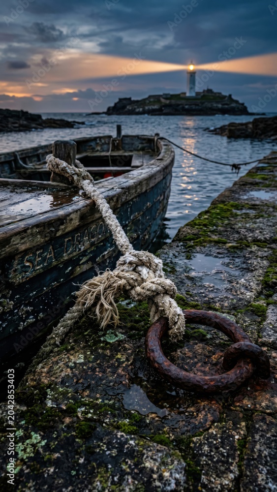 Obraz premium Old boat moored at a stone pier. A beacon of hope in the dark. Silence and solitude.