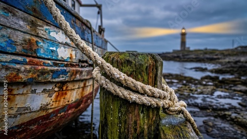 Old boat moored at a pier. A guiding light offers hope. Solitude.