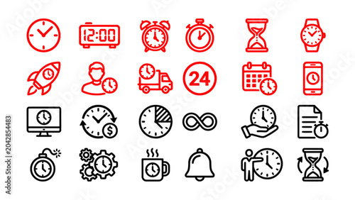 Modern time management, schedule, productivity, and office icon collection.