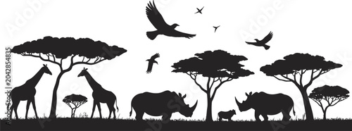Fényképezés African savanna landscape with silhouettes of giraffes rhinos and birds on a whi