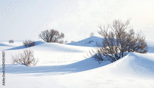 A serene winter scene showcases snow-covered dunes dotted with bare, leafless shrubs under a bright, overcast sky. The landscape offers a peaceful vista