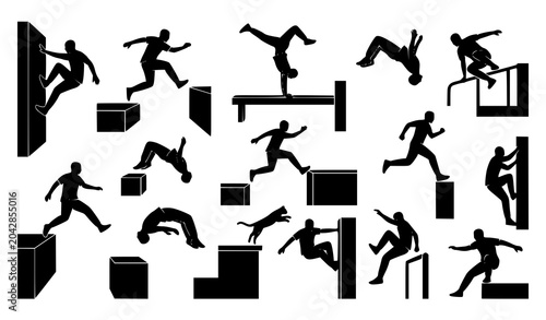 Photos Urban parkour silhouette set of athletes performing extreme freestyle jumps and