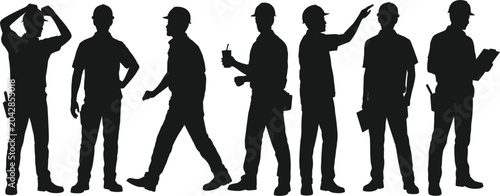 Silhouettes of Construction Workers in Different Poses on White Background Keywords: silhouette, construction worker, builder, man, men, workers, industrial, hard hat, safety helmet