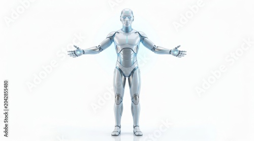 Futuristic android standing with arms open wide