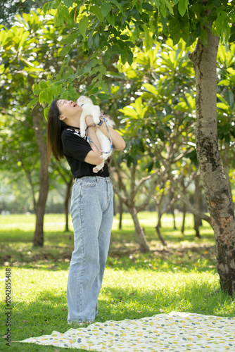 asian woman hug her scottish tabby cat during relax at park