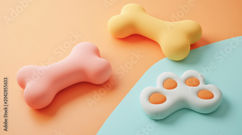 Cheerful 3D colorful pastel pet toys in the shape of bones and animal paw prints on a clean background