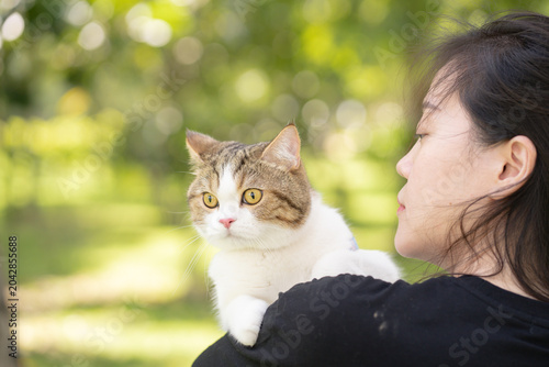 asian woman hug her scottish tabby cat during relax at park