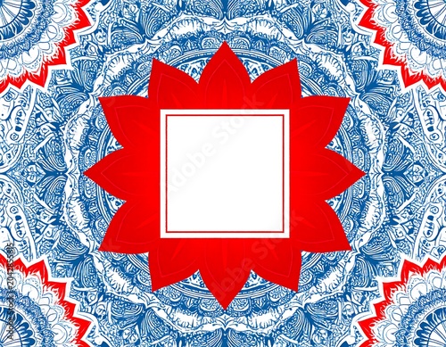 A symmetrical design features a vibrant red star shape with a white square at its center. The background showcases intricate blue patterns