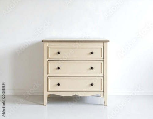 A three-drawer cabinet against a white wall. The neutral-toned, wooden furniture piece features small, dark knobs and a light-colored top