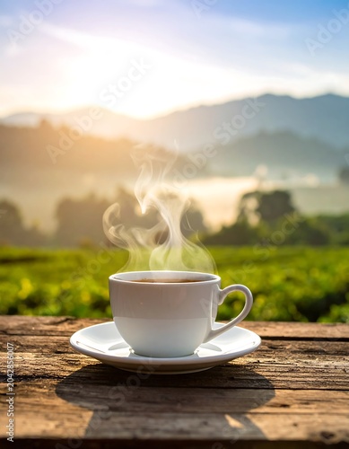 Steaming coffee cup on a saucer with a scenic green landscape background