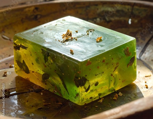 A translucent, rectangular soap bar with embedded green leaves and particles, resting on a reflective, golden-colored surface. The soap appears luminous