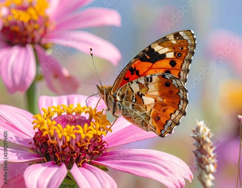 A vibrant butterfly, wings displaying intricate patterns of orange, brown, and white, rests on a pink flower. The background is soft and blurred