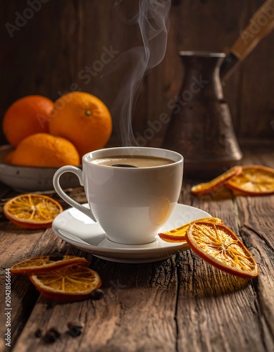 Steaming coffee cup with oranges on wooden surface still life