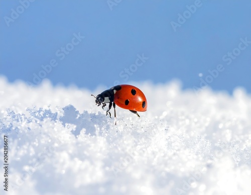 A vibrant ladybug with black spots rests on a bed of fresh, textured white ice crystals against a soft blue sky