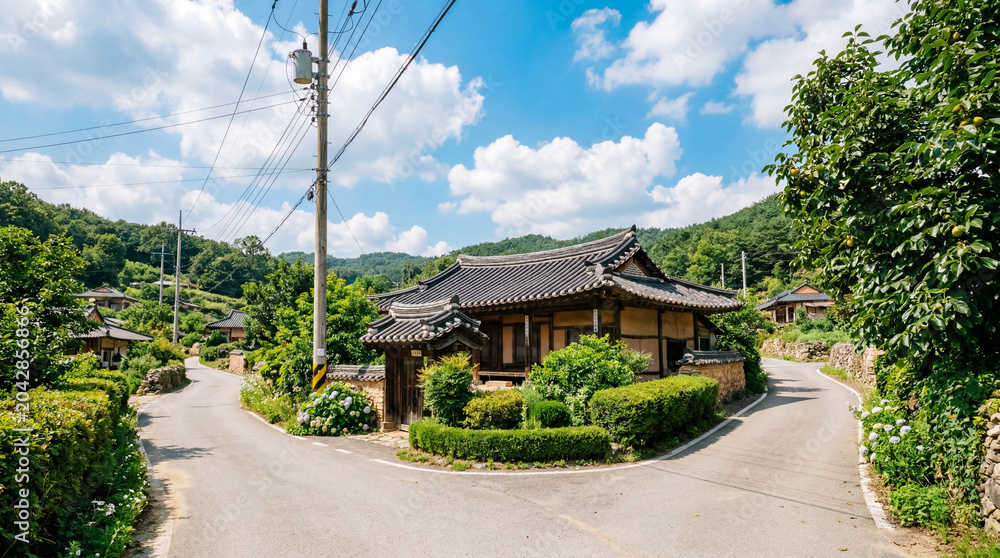 Fototapeta premium Old House at a Quiet Village Intersection in Korean Summer