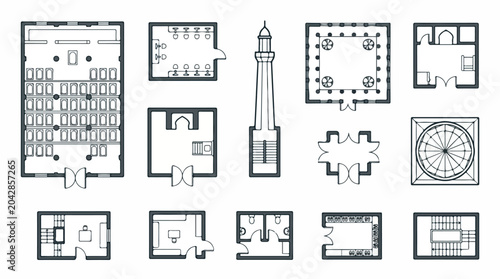 Islamic mosque floor plan icons set, architectural mosque layout vector elements, religious building blueprint symbols for interior design and mapping