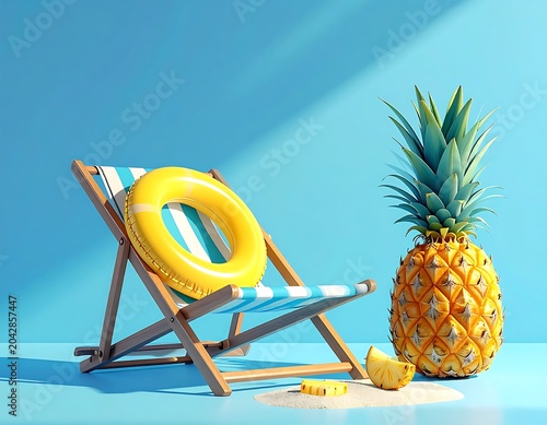 A vibrant summer scene presents a lounge chair with a yellow float and a pineapple on a blue backdrop. Sand & slice