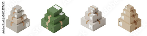 Four Isometric Stacks of Cardboard Shipping Boxes Isolated on Black