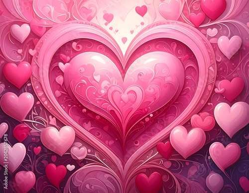 A vibrant Valentine's design features layered pink hearts against a patterned background, evoking love and romance