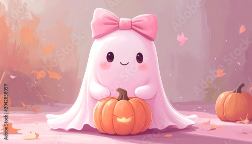 Adorable, cartoon-style ghost with a pink bow and pumpkin, set amidst autumn leaves and a soft, pastel-colored background