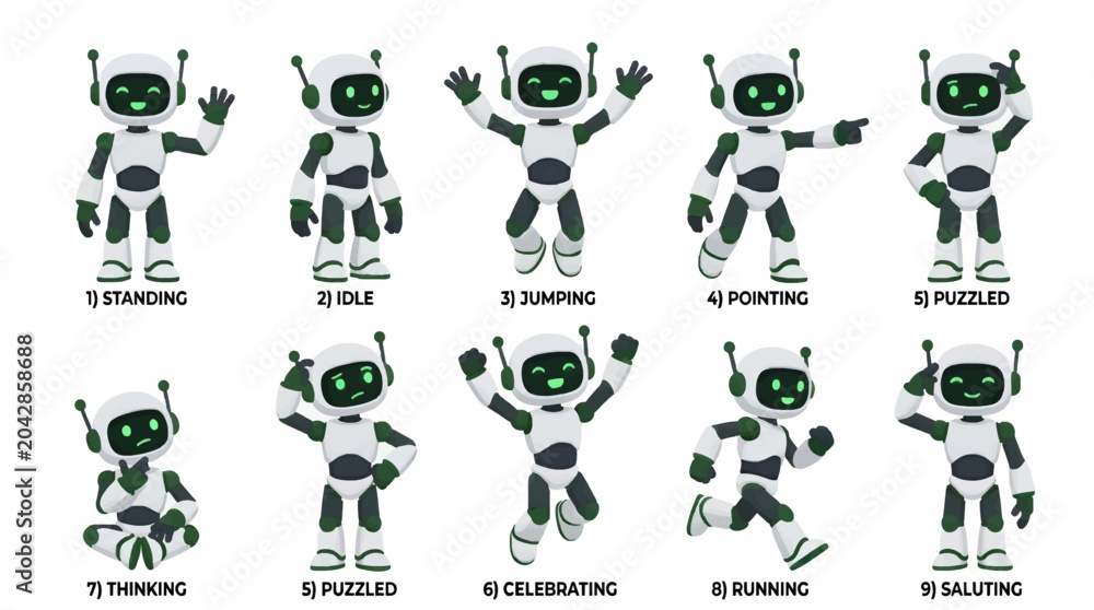 Fototapeta premium Cute Flat Robot Character Poses Collection: Standing, Idle, Jumping, Pointing, Puzzled, Thinking, Celebrating, Running, Saluting, Vector Illustration