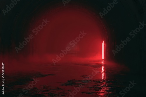 Red neon light glowing in a dark misty tunnel with wet floor reflection in a cinematic atmospheric shot for film production and thriller marketing