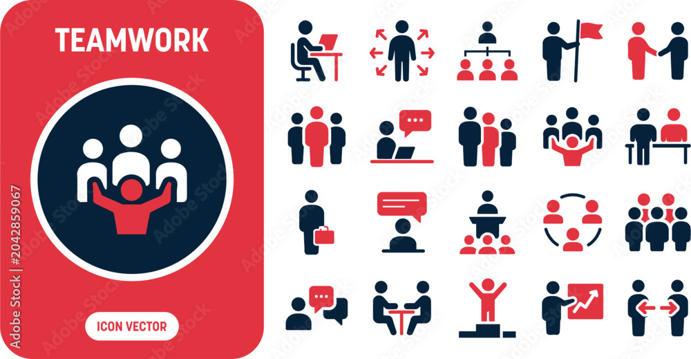 Fototapeta premium Teamwork and business partnership icon set vector including hierarchy chart, corporate handshake, public speaker, podium conference, group collaboration, and team leader graphics.