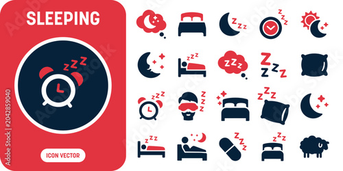 Fotografía Sleeping and night rest icon set vector including alarm clock, sleeping mask, double bed, soft pillow, counting sheep, and sleeping pill graphics for healthy sleep cycle presentation