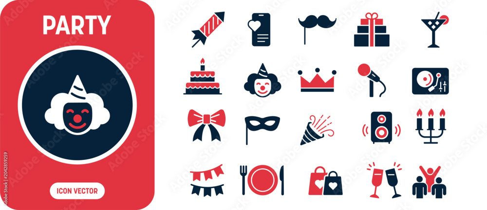 Fototapeta premium Party and Celebration Icon Set with Birthday Cake, Clown Face, Cocktail Glass, Sound Speaker, Party Popper, and Gift Boxes Vector Illustration