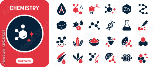 Photos Chemistry and Science Icon Set with Chemical Molecule, Chemistry Flask, DNA, Zin