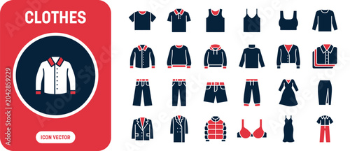 Schilderij op canvas Clothes and Fashion Apparel Icon Set with Button Up Shirt, Winter Hoodie, Long D