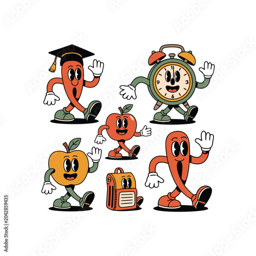 Vintage 1930s Rubber Hose Style Back to School Cartoon Character Set