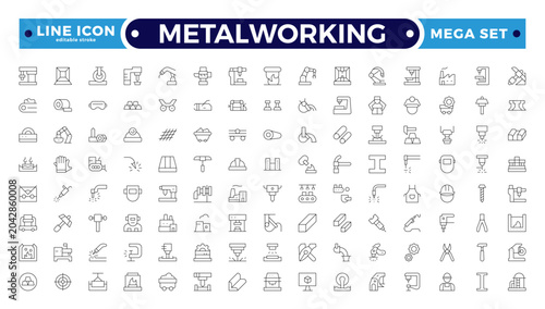 Tableau sur toile Metalworking Outline Icon Set with Welding, Cutting, Grinding, Lathe, Drill, Steel Fabrication, and Industrial Tool Symbols for Manufacturing and Engineering