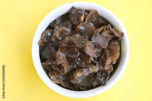 Edible jelly ear mushrooms. Fresh wood ear mushrooms in a bowl, ingredient for Asian cuisine
