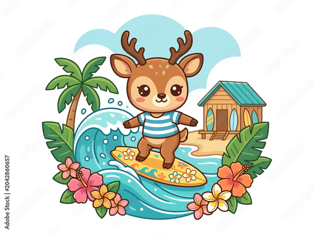 Fototapeta premium Vector illustration of a cute chibi deer surfing on a yellow floral surfboard on a blue ocean wave, surrounded by tropical hibiscus flowers, palm trees, and a beach hut.