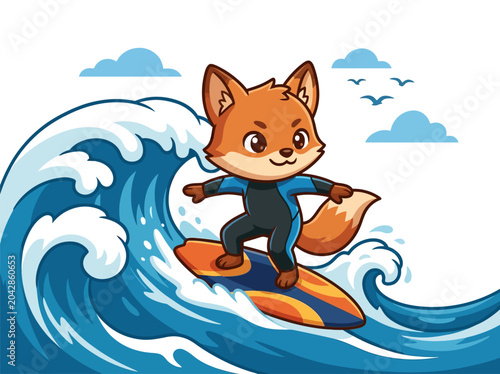 Chibi fox character wearing a blue wetsuit surfing on a large blue ocean wave with a colorful surfboard, featuring white clouds and seagulls in the background vector illustration.