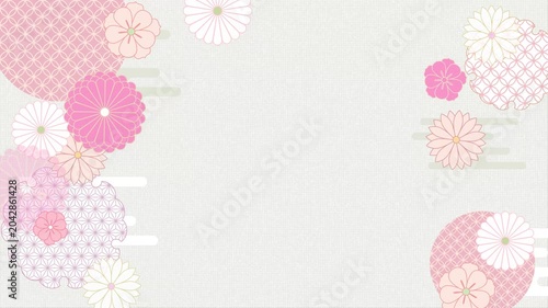 Loopable Japanese traditional pattern background with gentle spring pink chrysanthemums and hemp leaf frame, 4K horizontal video.